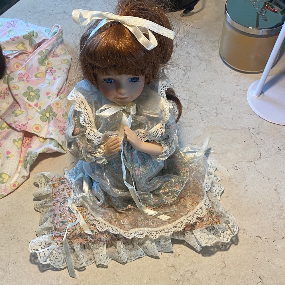 Home Interiors Porcelain Praying Doll with Auburn Hair and Floral Dress